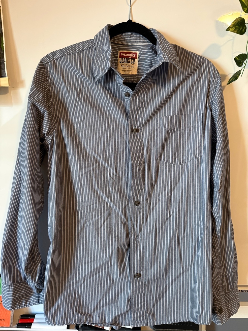 Wrangler Blue and White Pinstripe Button-Up Shirt